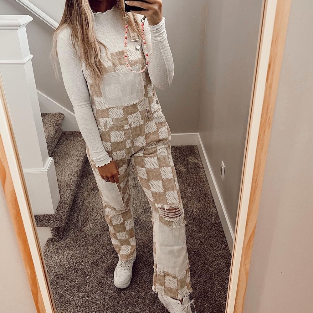 POL Tan and White Checkered Overalls - Size Small - NWT